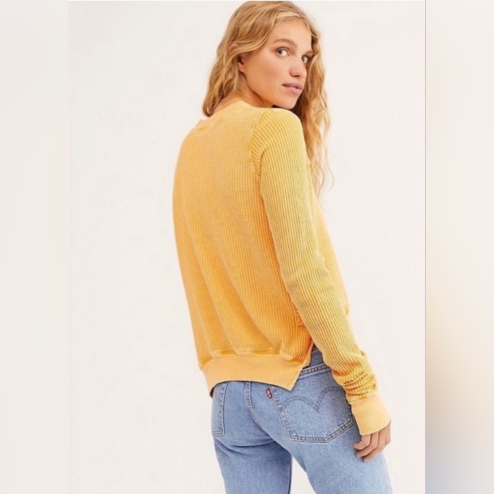 Free People Interlaken Thermal Waffle Side Tie yellow top size M - Picture 2 of 6